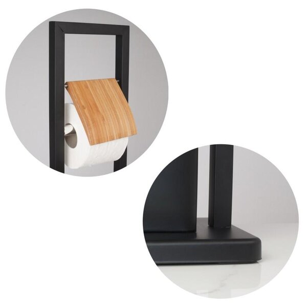 Erga Barca, suport pentru hartie igienica si perie toaleta 20x20x81 cm, negru mat-maro natural, ERG-YKA-PD.BARCA-BLK