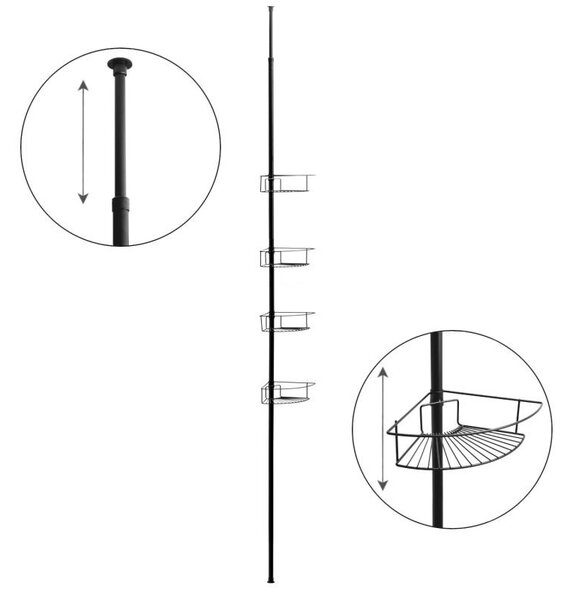 Erga Scopic, tijă de duș telescopică de colț 4 rafturi XL, negru mat, ERG-YKA-CH.SCOPIC-XL-BLK