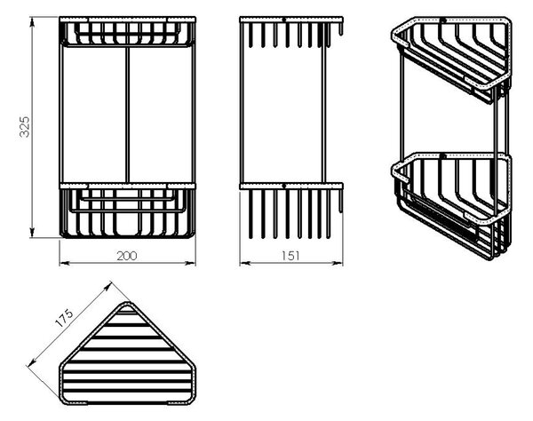 Gedy Sapho, poliță de colț SMART cu două etaje 200x325x151mm, negru mat