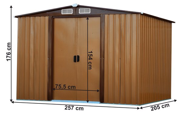 KONDELA Căsuţă pentru grădină din tablă pentru scule, maro deschis / maro închis, 2,6x2m, HAMAL TYPE 2