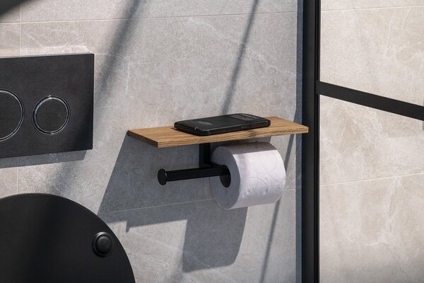 Sapho Sapho, suport dublu pentru hârtie igienică SKA cu raft 30x8x10cm, negru mat/stejar, SKA425