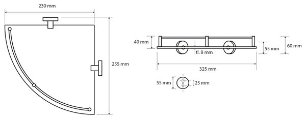 Sapho Sapho, X-ROUND E poliță de colț din sticlă cu bară transversală 250x70x250mm, crom, XR605
