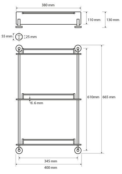 Sapho Sapho, X-ROUND E poliță triplă din sticlă cu bară transversală 380x675x130mm, crom, XR608