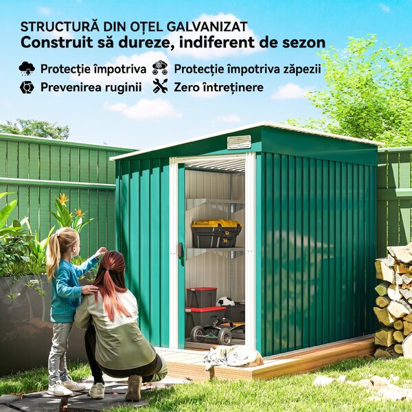 Outsunny Magazie Grădină din Oțel, Ușă Glisantă, pentru Căsuță de Unelte, Căsuță de Grădină, 154x206.5x160/181 cm, Albă | Aosom Romania