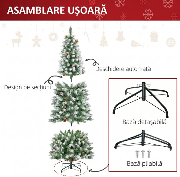 HOMCOM Brad de Crăciun Înzăpezit cu 630 Ramuri și 37 Conuri, Brad Artificial cu Bază Detașabilă, Ø75x180 cm, Verde | Aosom Romania