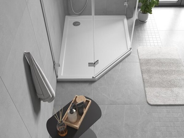 Cădiță de duș Mexen Flow Slim, pentagonală, pe partea dreaptă, 90 x 80 cm, alb lucios, 46P108090R