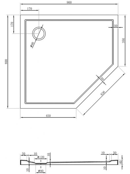 Mexen Flow, cădiță de duș pentagonală subțire stânga 90 x 80 cm, negru mat - 46P708090L