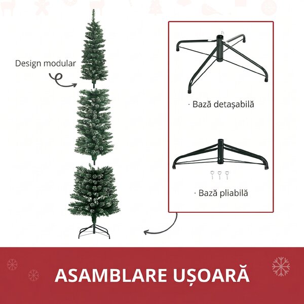 HOMCOM Brad de Crăciun Slim cu 624 Ramuri, Bază Pliabilă, Plastic și Metal, 56x56x225 cm, Verde | Aosom Romania