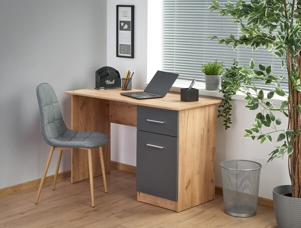 Masa de birou din pal, cu 1 sertar si 1 usa Eldora Stejar / Antracit, L120xl55xH78 cm