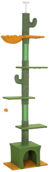 PawHut Ansamblu de Zgâriat pentru Pisici cu Fixare în Tavan, 230-275 cm, Hamac, Căsuță, Stâlpi din Sisal, Verde | Aosom Romania