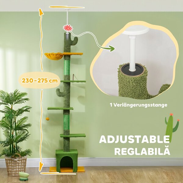 PawHut Ansamblu de Zgâriat pentru Pisici cu Fixare în Tavan, 230-275 cm, Hamac, Căsuță, Stâlpi din Sisal, Verde | Aosom Romania