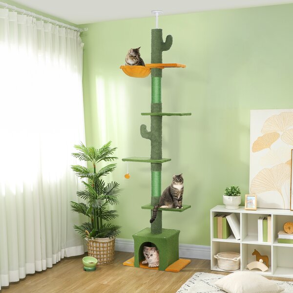 PawHut Ansamblu de Zgâriat pentru Pisici cu Fixare în Tavan, 230-275 cm, Hamac, Căsuță, Stâlpi din Sisal, Verde | Aosom Romania