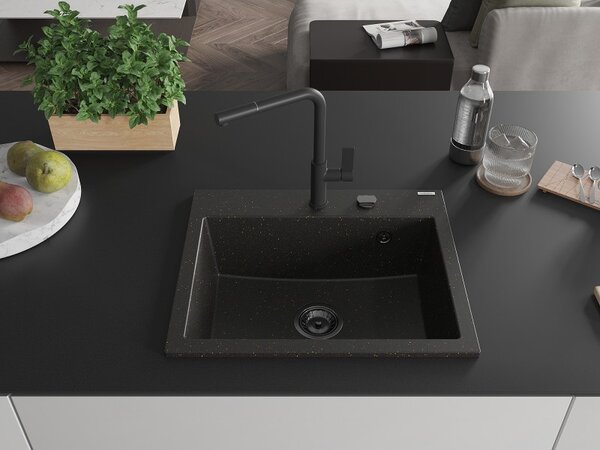 Mexen Oscar, chiuvetă granit cu 1 cameră 580x490x205 mm, negru-auriu metalic, 6519581000-75-B