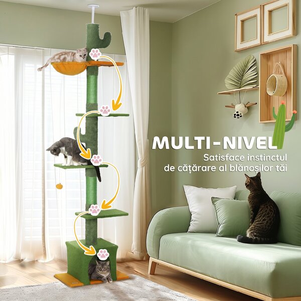 PawHut Ansamblu de Zgâriat pentru Pisici cu Fixare în Tavan, 230-275 cm, Hamac, Căsuță, Stâlpi din Sisal, Verde | Aosom Romania