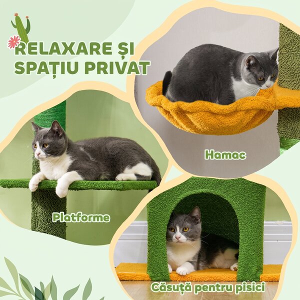 PawHut Ansamblu de Zgâriat pentru Pisici cu Fixare în Tavan, 230-275 cm, Hamac, Căsuță, Stâlpi din Sisal, Verde | Aosom Romania