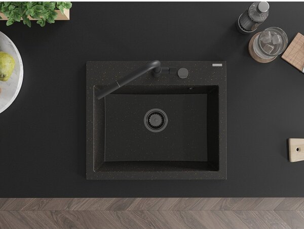 Mexen Oscar, chiuvetă granit cu 1 cameră 580x490x205 mm, negru-auriu metalic, 6519581000-75-B