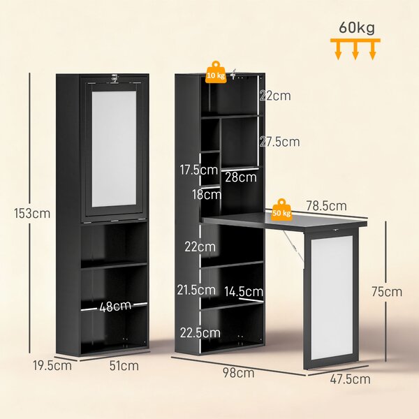 HOMCOM Birou Modern Pliabil cu Bibliotecă și Tablă, din Lemn și Metal, 98x51x153 cm, Negru | Aosom Romania