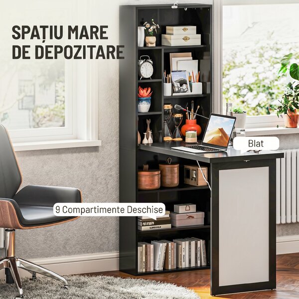 HOMCOM Birou Modern Pliabil cu Bibliotecă și Tablă, din Lemn și Metal, 98x51x153 cm, Negru | Aosom Romania