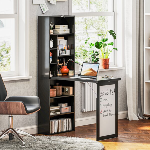 HOMCOM Birou Modern Pliabil cu Bibliotecă și Tablă, din Lemn și Metal, 98x51x153 cm, Negru | Aosom Romania