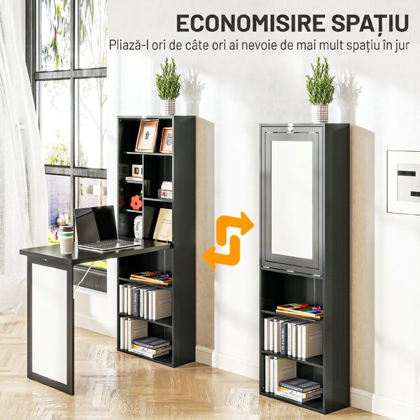 HOMCOM Birou Modern Pliabil cu Bibliotecă și Tablă, din Lemn și Metal, 98x51x153 cm, Negru | Aosom Romania