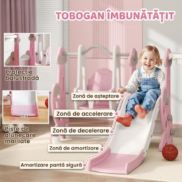 AIYAPLAY Tobogan pentru copii 4 în 1 cu leagăn, scară de cățărare și coș de baschet, 18-48 luni, roz | Aosom Romania