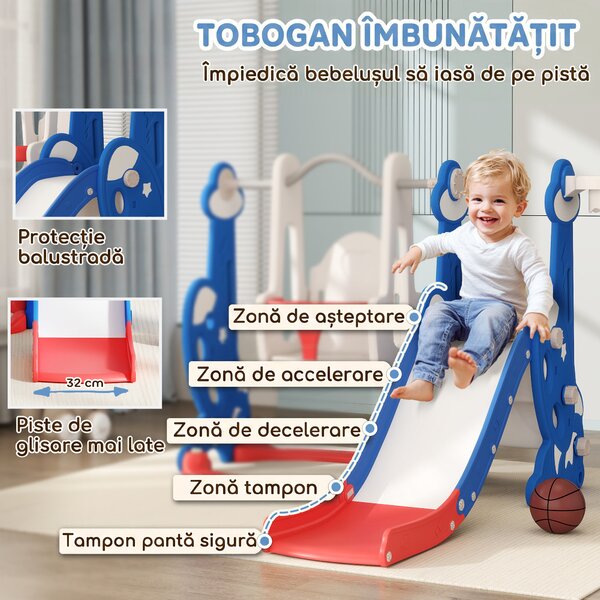 AIYAPLAY Tobogan copii 4 în 1 cu leagăn, scară de cățărare și coș de baschet, 18-48 luni, albastru închis | Aosom Romania