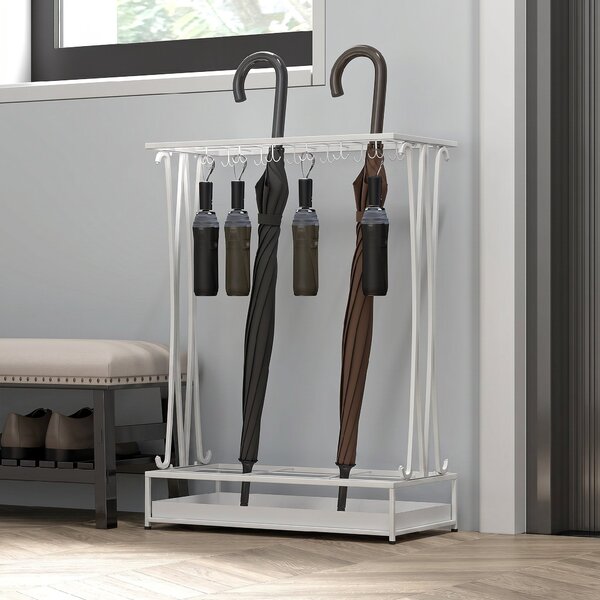HOMCOM Suport Pentru Umbrele cu Tăviță Colectoare, 21 Orificii, 24 Cârlige, Oțel, 50x24x68 cm, Alb | Aosom Romania