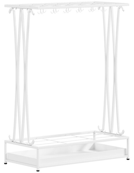 HOMCOM Suport Pentru Umbrele cu Tăviță Colectoare, 21 Orificii, 24 Cârlige, Oțel, 50x24x68 cm, Alb | Aosom Romania