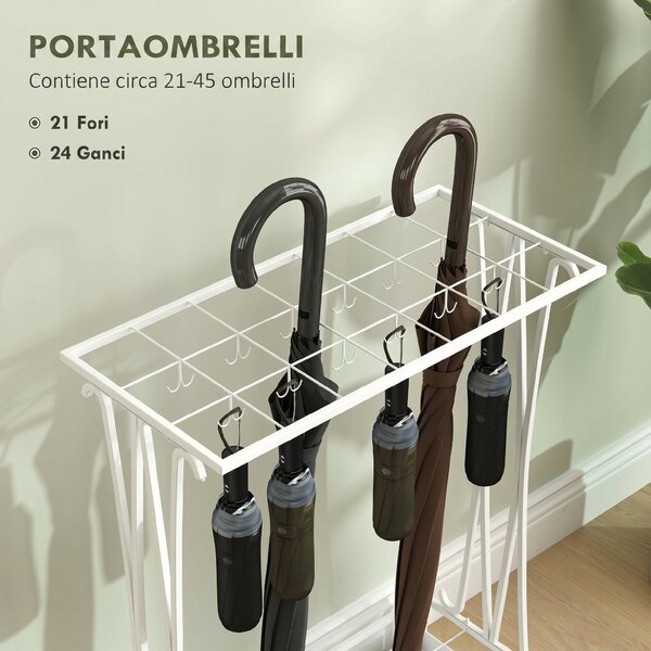 HOMCOM Suport Pentru Umbrele cu Tăviță Colectoare, 21 Orificii, 24 Cârlige, Oțel, 50x24x68 cm, Alb | Aosom Romania