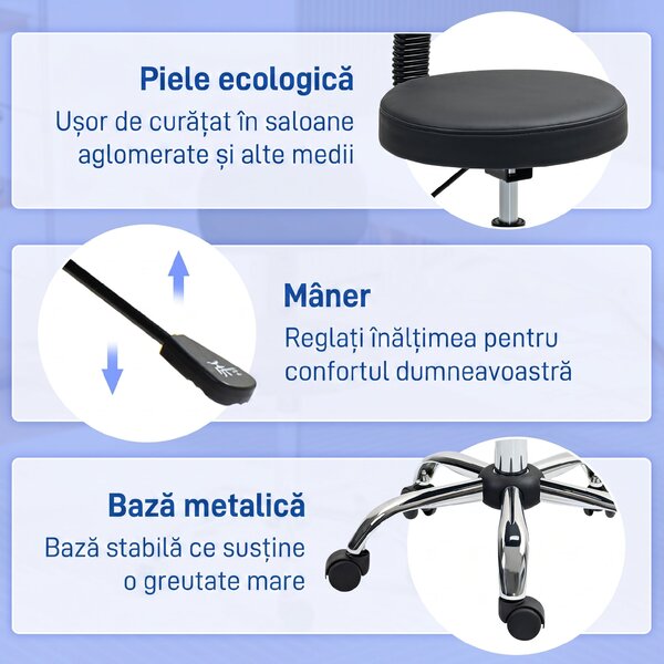 HOMCOM Taburet cu Roți, Rotativ 360°, Reglabil pe Înălțime, Piele Ecologică, Metal, 46x51x78-93 cm, Negru | Aosom Romania