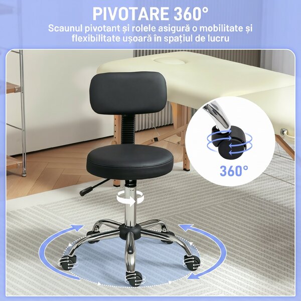 HOMCOM Taburet cu Roți, Rotativ 360°, Reglabil pe Înălțime, Piele Ecologică, Metal, 46x51x78-93 cm, Negru | Aosom Romania