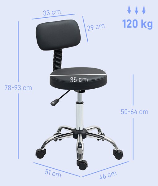 HOMCOM Taburet cu Roți, Rotativ 360°, Reglabil pe Înălțime, Piele Ecologică, Metal, 46x51x78-93 cm, Negru | Aosom Romania