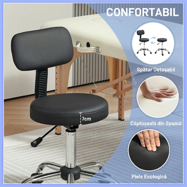 HOMCOM Taburet cu Roți, Rotativ 360°, Reglabil pe Înălțime, Piele Ecologică, Metal, 46x51x78-93 cm, Negru | Aosom Romania