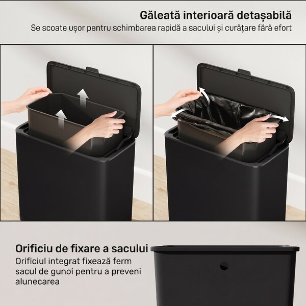HOMCOM Pubelă 8 L cu Capac din Oțel Inoxidabil, Suspendată sau de Sine Stătătoare, 29,7x17,4x30 cm, Negru | Aosom Romania