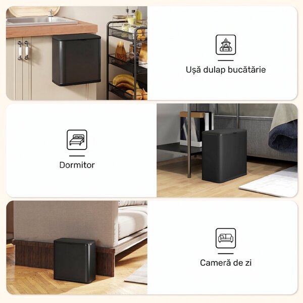 HOMCOM Pubelă 8 L cu Capac din Oțel Inoxidabil, Suspendată sau de Sine Stătătoare, 29,7x17,4x30 cm, Negru | Aosom Romania