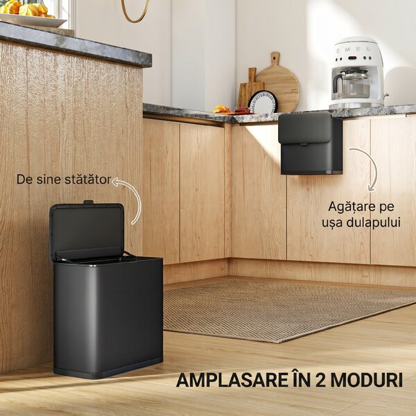 HOMCOM Pubelă 8 L cu Capac din Oțel Inoxidabil, Suspendată sau de Sine Stătătoare, 29,7x17,4x30 cm, Negru | Aosom Romania