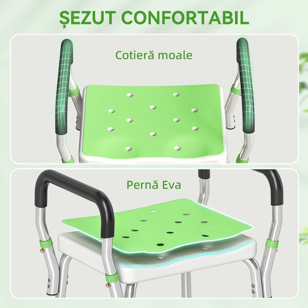 HOMCOM Scaun de duș din aluminiu, reglabil pe înălțime, cu cotiere și picioare antiderapante, verde | Aosom Romania