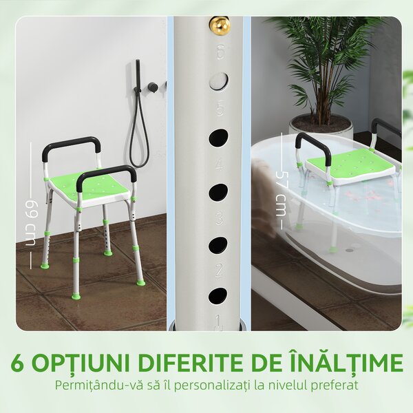 HOMCOM Scaun de duș din aluminiu, reglabil pe înălțime, cu cotiere și picioare antiderapante, verde | Aosom Romania