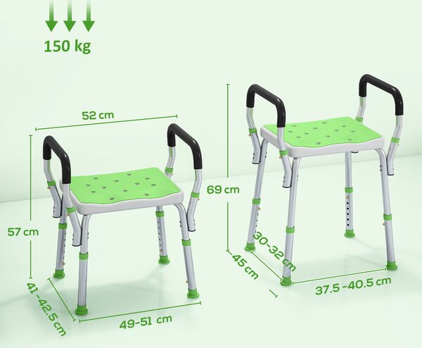 HOMCOM Scaun de duș din aluminiu, reglabil pe înălțime, cu cotiere și picioare antiderapante, verde | Aosom Romania