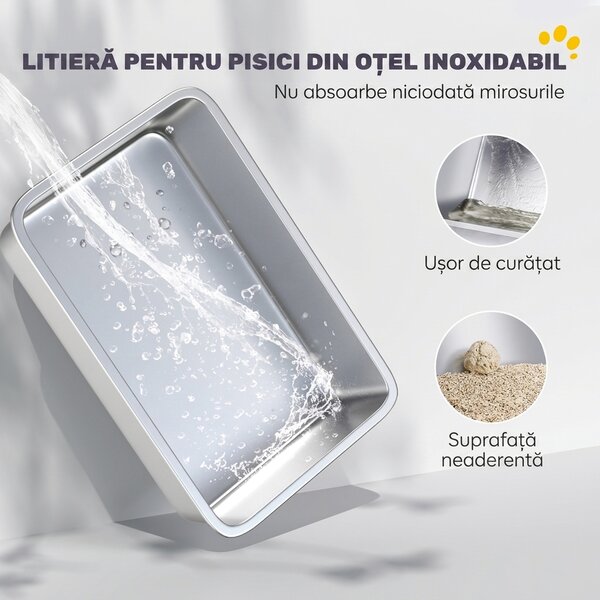 PawHut Litieră pentru Pisici XXL din Oțel Inoxidabil cu Lopățică și Laterale Înalte, Gri | Aosom Romania