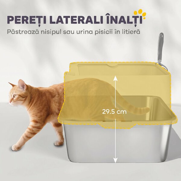 PawHut Litieră pentru Pisici Închisă din Oțel Inoxidabil XL cu Lopățică și Laterale Înalte, Gri | Aosom Romania