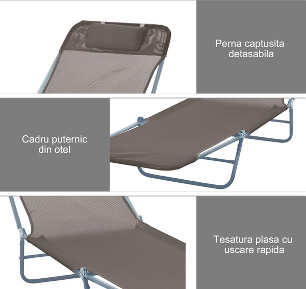Outsunny Sezlong de Grădină Reglabil, Confortabil, din Textilena, Culoare Cafea, 182x56x28cm | Aosom Romania