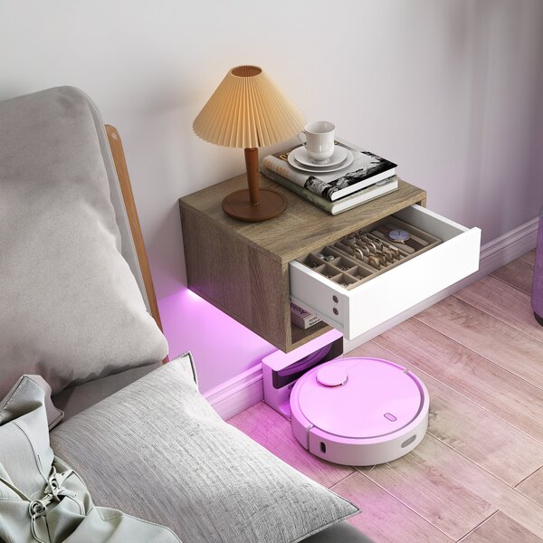 HOMCOM Set 2 Noptiere Suspendate cu LED RGB Integrat și Reglabil prin Aplicație, 37x32x21 cm, Alb Imitație Lemn | Aosom Romania