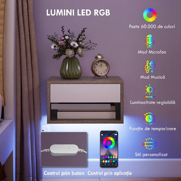 HOMCOM Set 2 Noptiere Suspendate cu LED RGB Integrat și Reglabil prin Aplicație, 37x32x21 cm, Alb Imitație Lemn | Aosom Romania