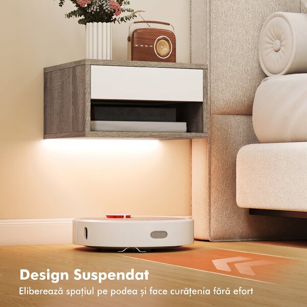 HOMCOM Set 2 Noptiere Suspendate cu LED RGB Integrat și Reglabil prin Aplicație, 37x32x21 cm, Alb Imitație Lemn | Aosom Romania