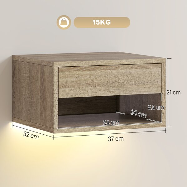 HOMCOM Set 2 Noptiere Suspendate cu LED Integrat și Reglabil prin Aplicație, Sertar și Raft, 37x32x21 cm, Nuanță de Lemn | Aosom Romania