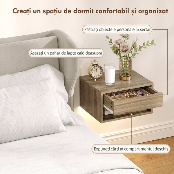 HOMCOM Set 2 Noptiere Suspendate cu LED Integrat și Reglabil prin Aplicație, Sertar și Raft, 37x32x21 cm, Nuanță de Lemn | Aosom Romania