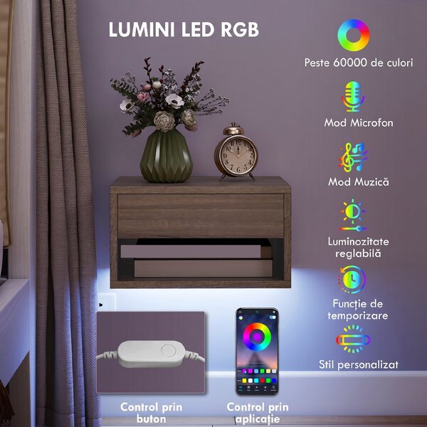 HOMCOM Set 2 Noptiere Suspendate cu LED Integrat și Reglabil prin Aplicație, Sertar și Raft, 37x32x21 cm, Nuanță de Lemn | Aosom Romania