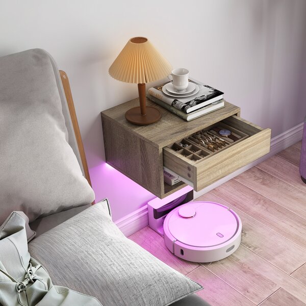 HOMCOM Set 2 Noptiere Suspendate cu LED Integrat și Reglabil prin Aplicație, Sertar și Raft, 37x32x21 cm, Nuanță de Lemn | Aosom Romania