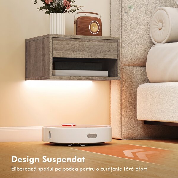 HOMCOM Set 2 Noptiere Suspendate cu LED Integrat și Reglabil prin Aplicație, Sertar și Raft, 37x32x21 cm, Nuanță de Lemn | Aosom Romania